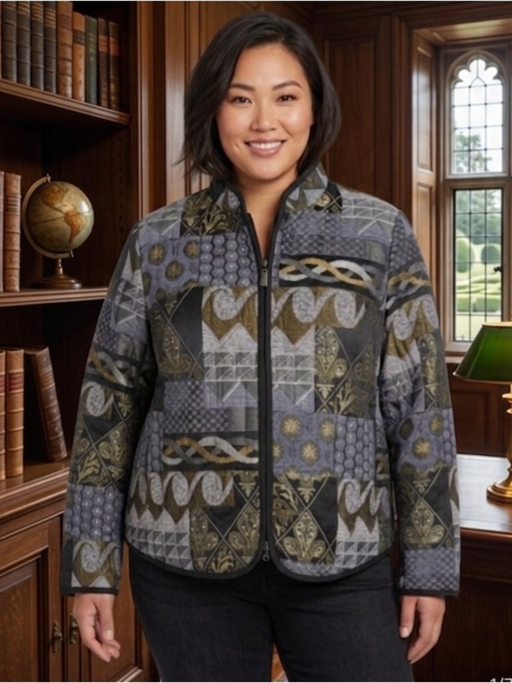 Preswick & Moore 3X tapestry zip jacket blazer blues, silver, gold, black